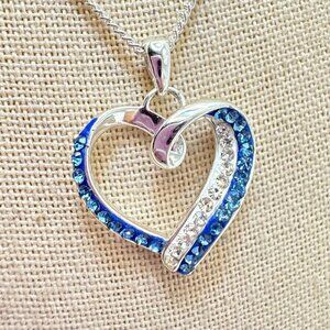 VTG Sterling Silver 925 Blue & White CZ Heart Pendant Necklace Size 20" Length
